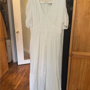 LOFT White V-Neck Button-Front Maxi Dress